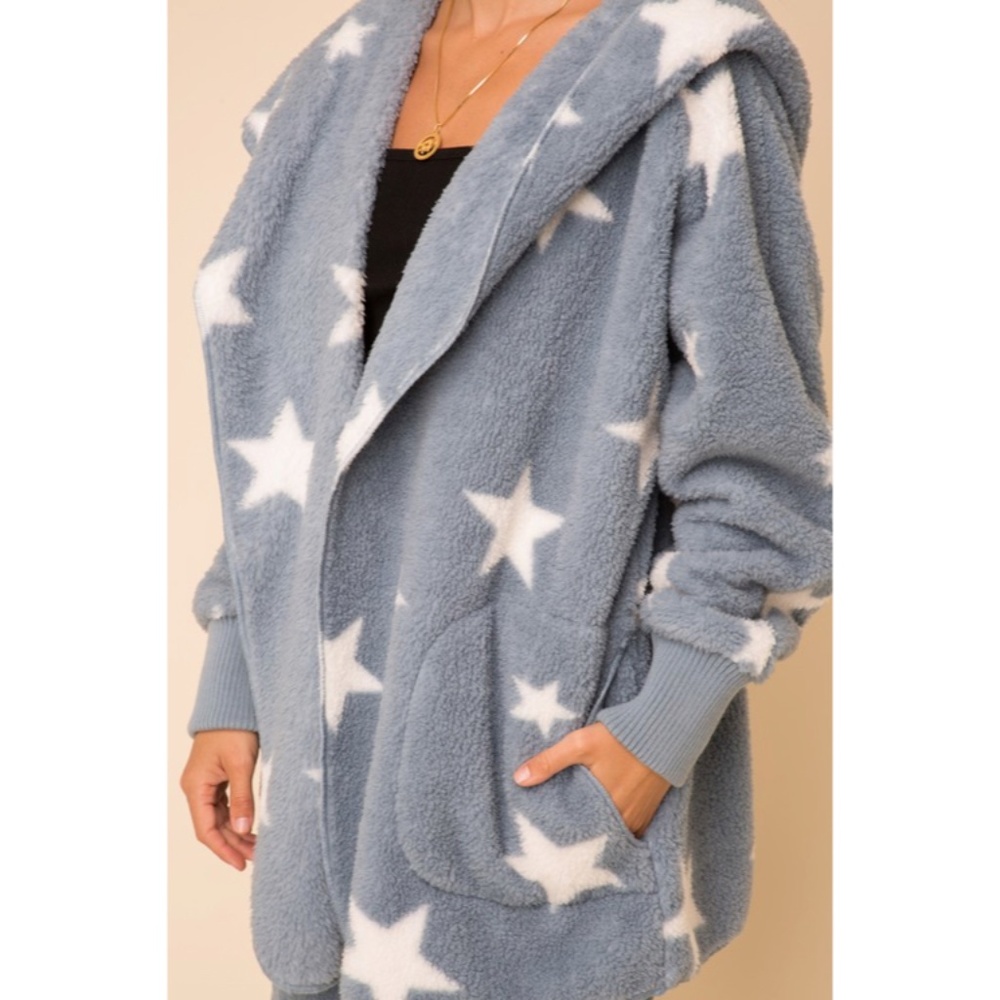 SOLD OUT Blue Gray Off White Star Print Super Soft Blanket Fur Winter Cardigan - Picture 4 of 4